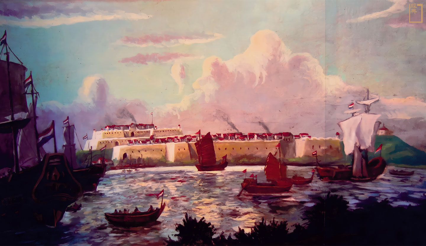 這幅畫是眾多傳世的十六、七世紀史畫之一，台灣沒有文字的年代都靠西荷等船艦上的水手和畫師，將看到的福爾摩沙從不同角度繪出，在陳舊色調中見到大船小艇圍繞當時的大員海面。(圖片／Diego Ruschel／Fort Zeelandia Museum)